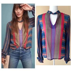 Anthropologie Blue and Purple Retro Boho Sheer Blouse
